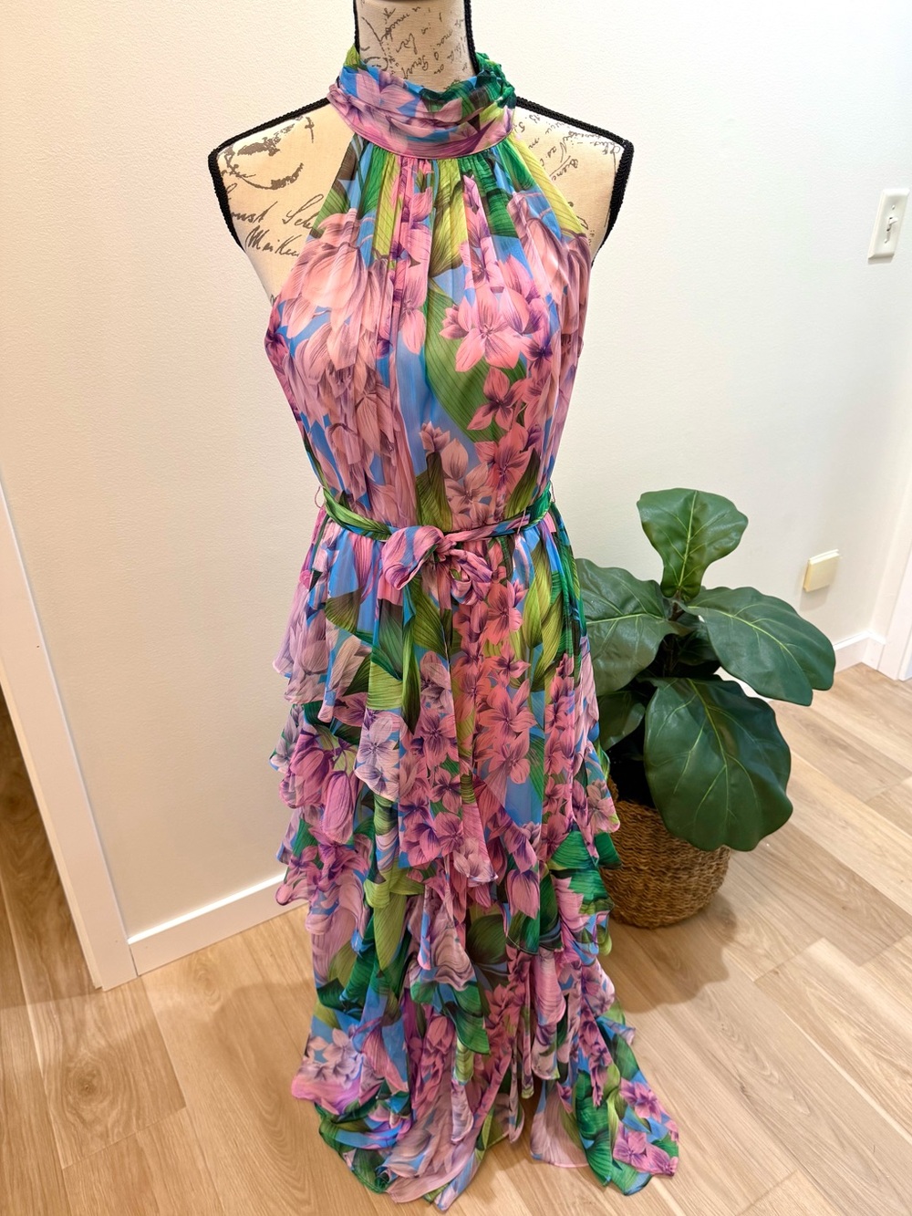 Alex Marie Floral Halter Tiered Ruffle Maxi Dress NWT Size 6 Boho Feminine